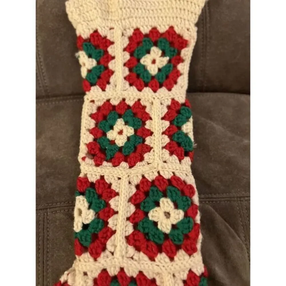 Vintage Handmade Christmas‎ Stocking Granny Square Crochet White Green Red 20x8